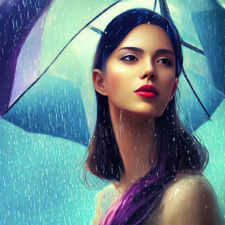 Woman with red lipstick and blue umbrella in the rain with water droplets.