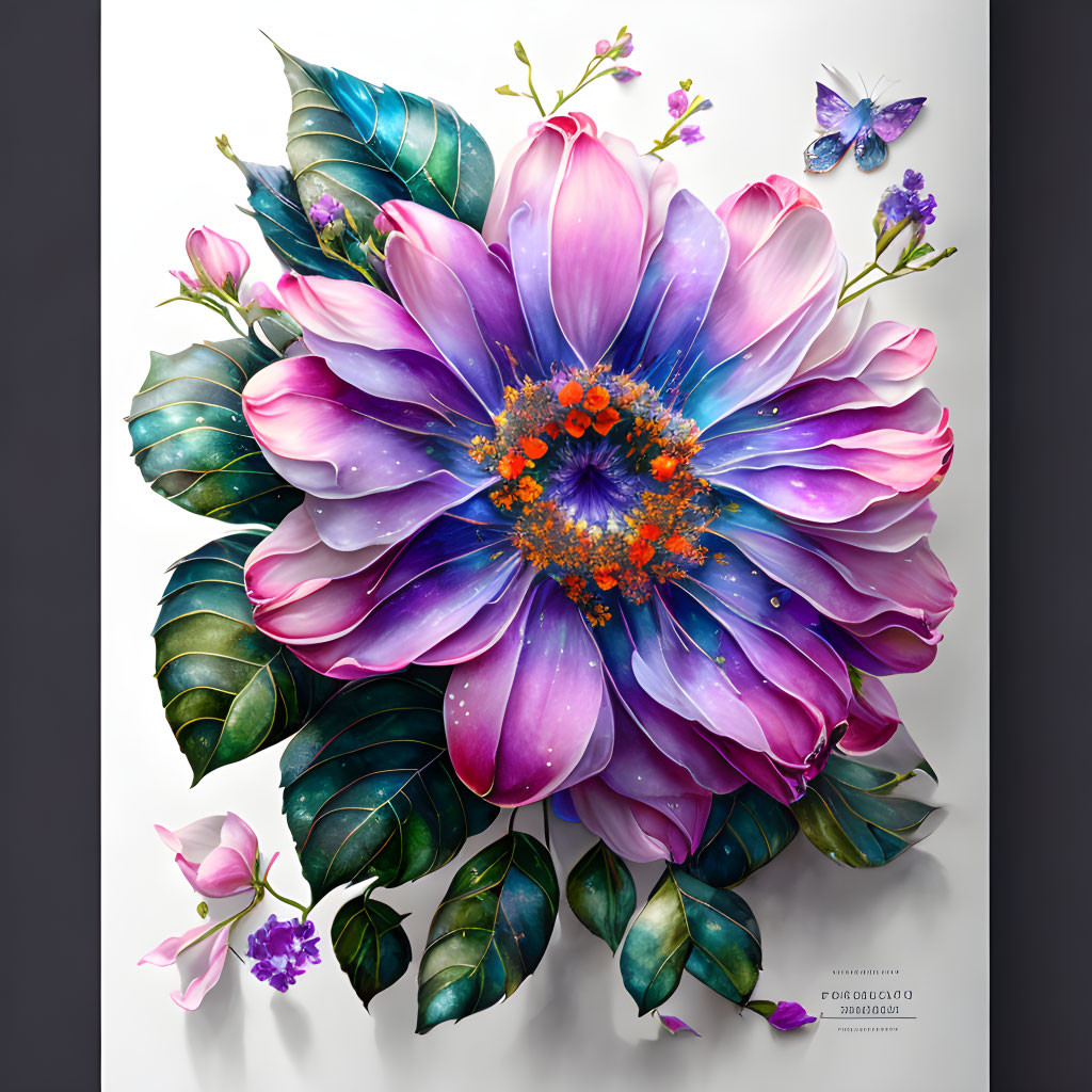 Detailed purple flower illustration with green leaves and butterfly