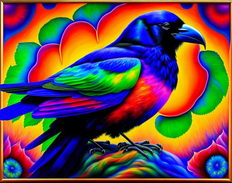 Colorful Blue Bird Illustration on Psychedelic Background