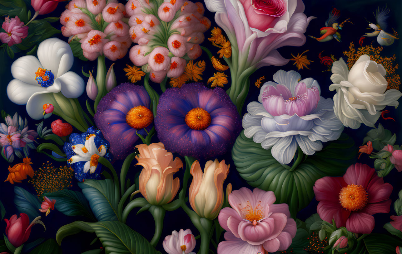 Colorful floral arrangement of roses and tulips on dark background