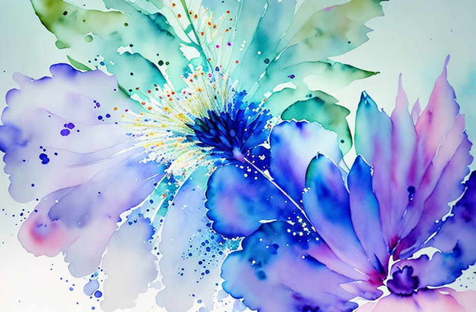 Abstract Watercolor Painting of Colorful Flowers in Blue, Purple, and Green