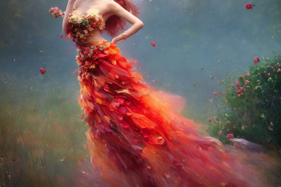 Person in Flowing Dress with Bright Flowers in Dreamy Meadow