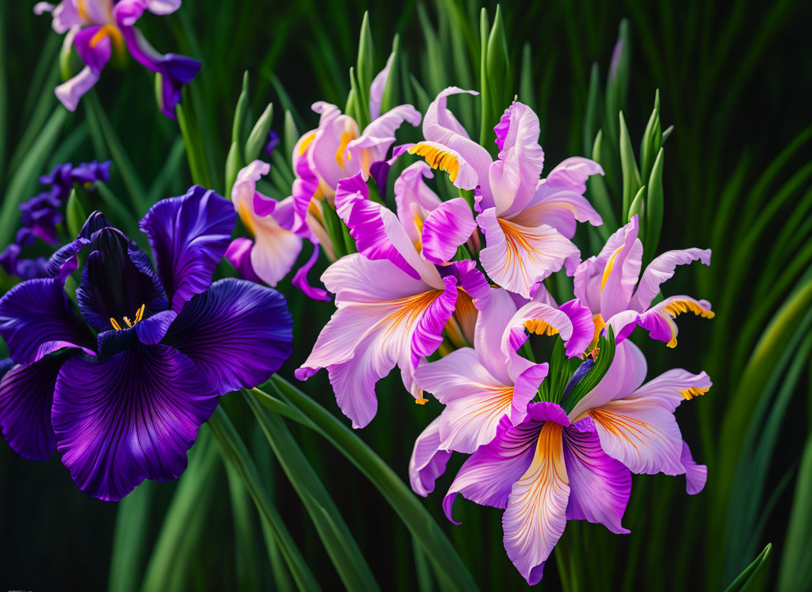 Colorful purple and pink irises with yellow accents against dark green foliage