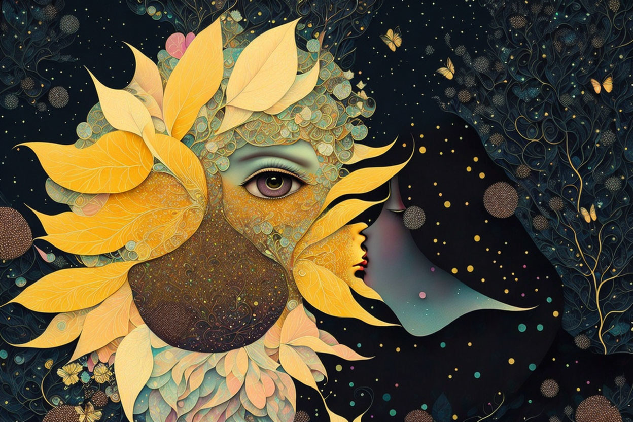 Surreal illustration: Woman merging with sunflower, vibrant patterns, mystical ambiance