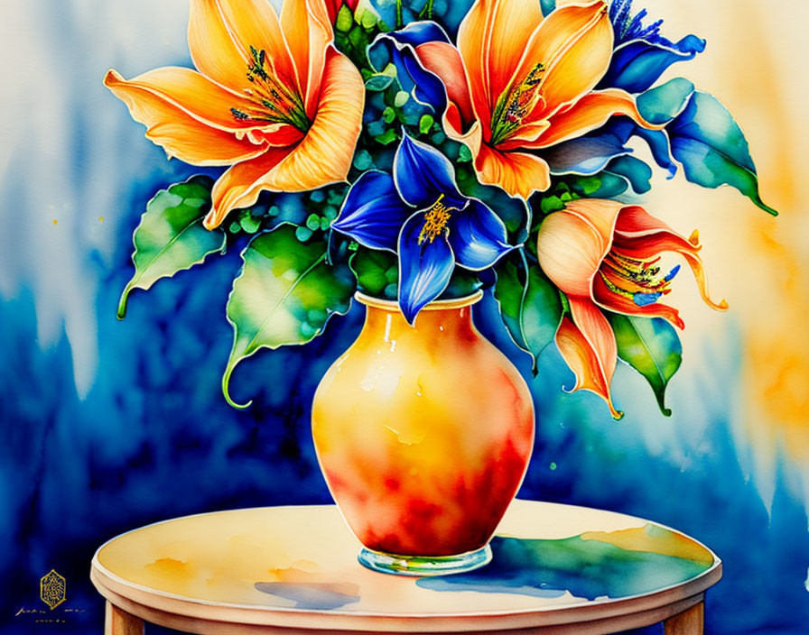 Colorful Watercolor Painting of Orange and Blue Lilies in Round Vase