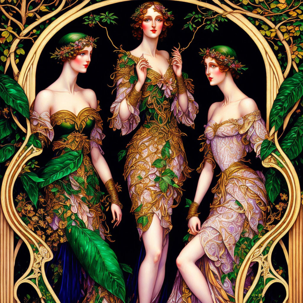 Three Women in Art Nouveau Style with Nature-Inspired Dresses and Background