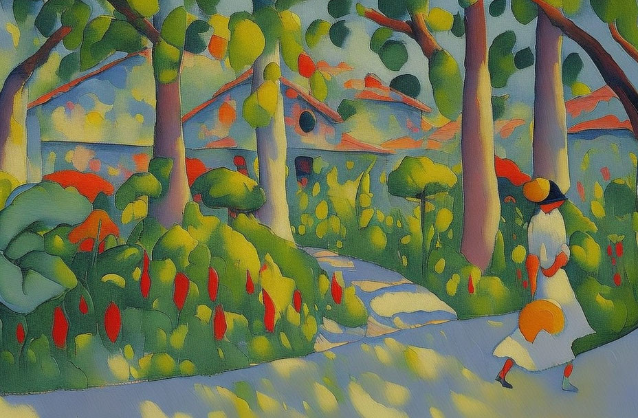 Vibrant painting of person walking in lush garden