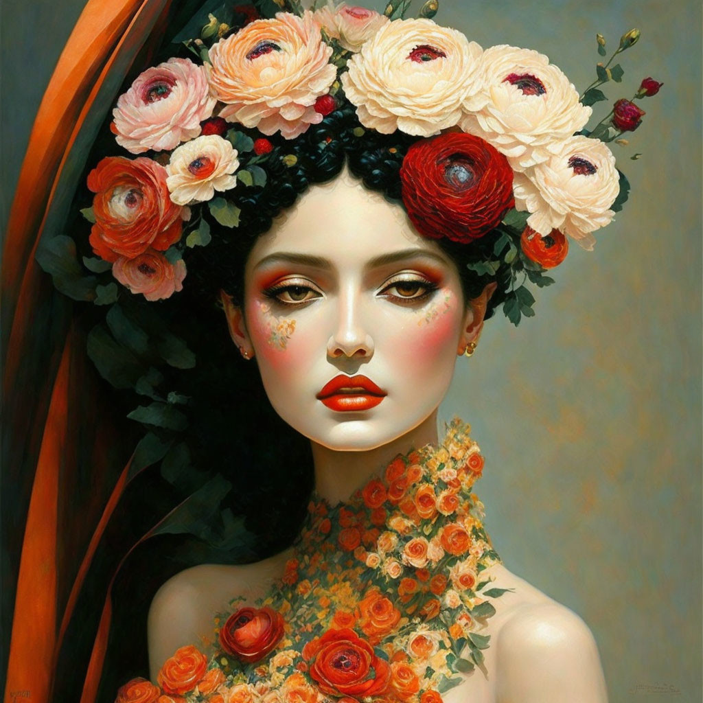 Portrait of woman with pale skin, vibrant makeup, floral crown, and collar.