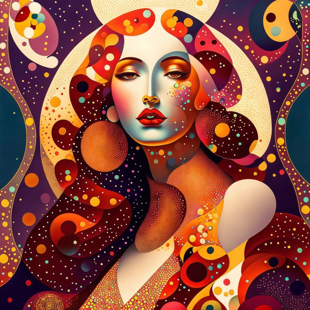 Abstract portrait of female figure with warm tones and cosmic motifs