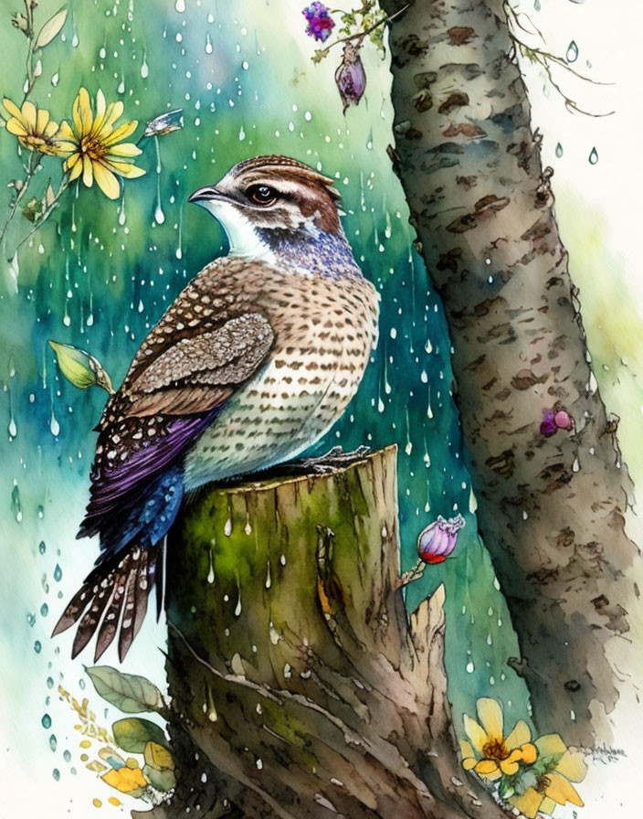 Speckled bird on tree stump with blue tail feathers in watercolor