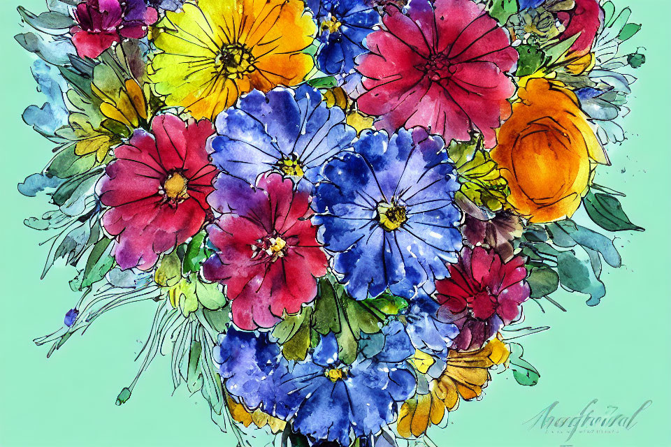 Colorful Watercolor Painting of Blue, Red, and Yellow Flower Bouquet