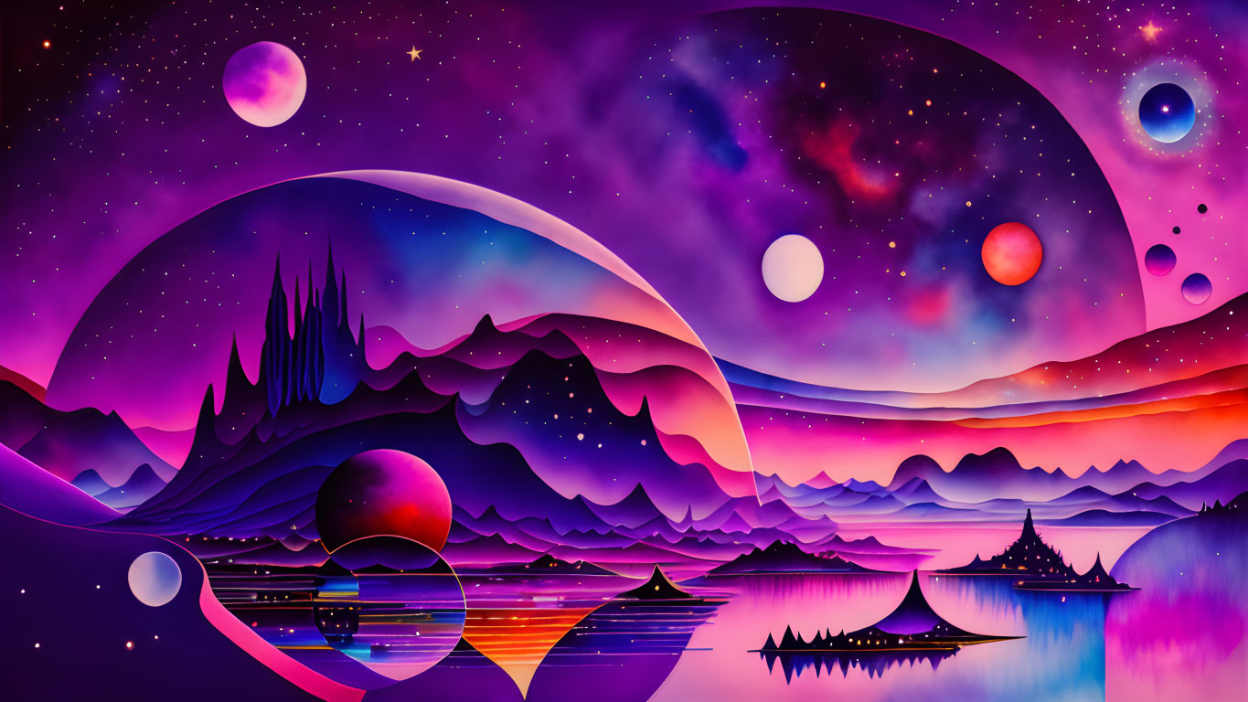 Colorful surreal landscape with mountains, planets, stars, and reflective lake