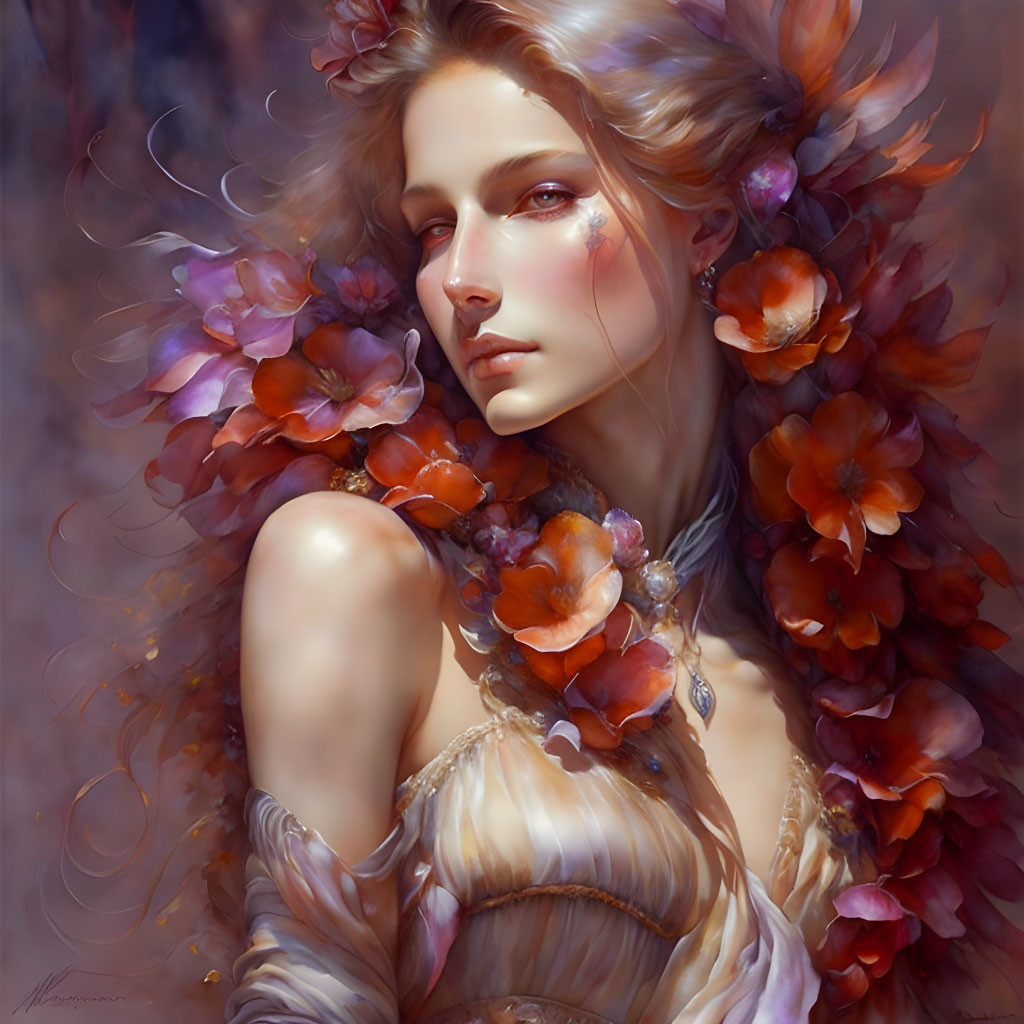 Digital art portrait of a woman with orange flowers in her hair and on her shoulder.