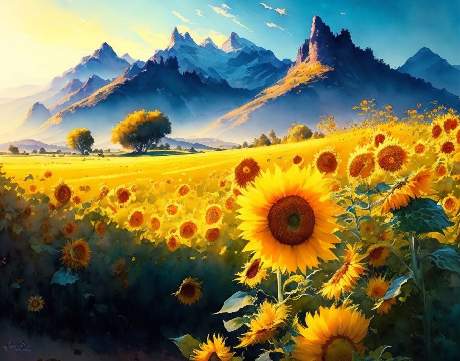 Sunflower Field Painting with Tree, Sky, and Mountains