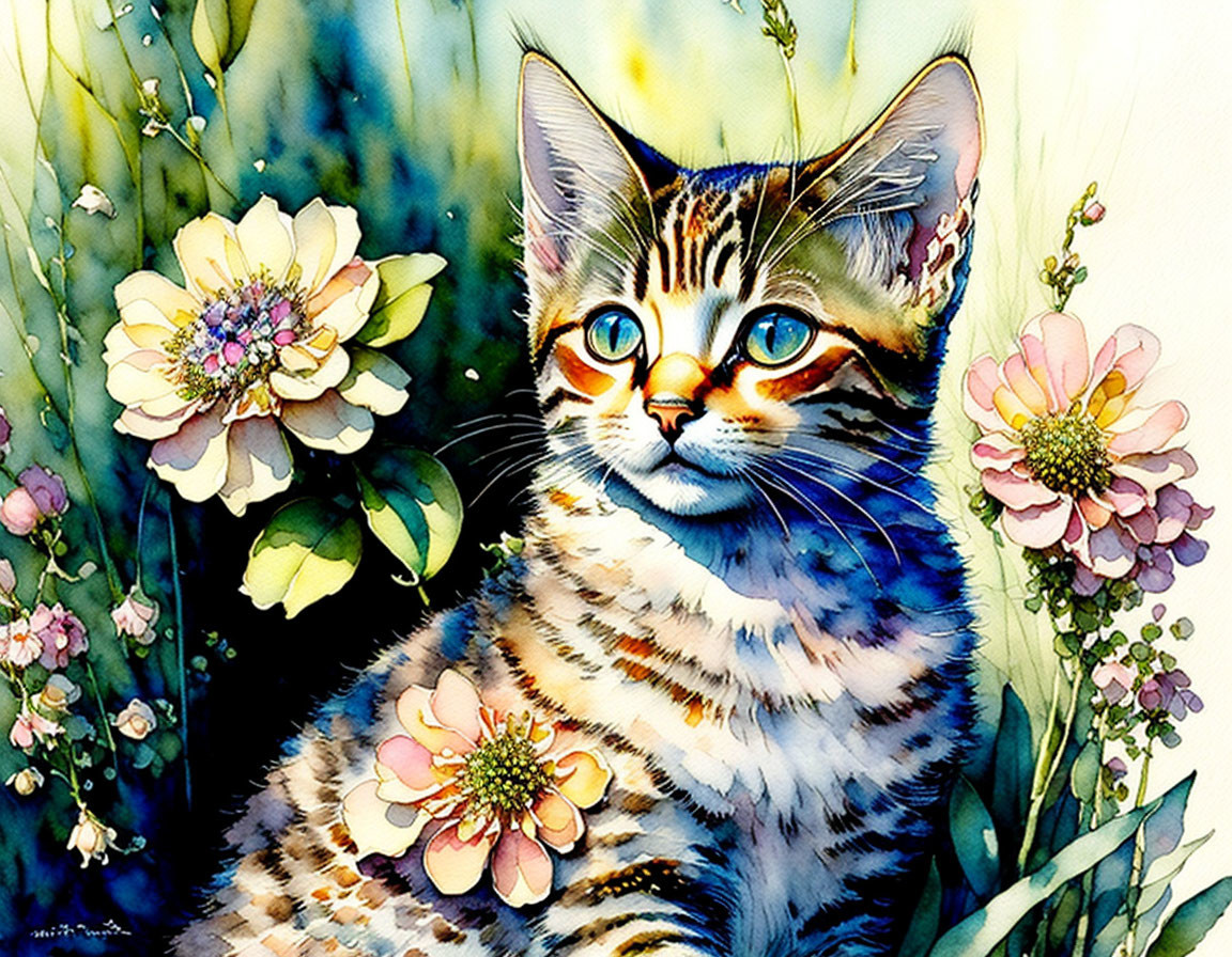 Colorful Watercolor Painting of Cat with Floral Patterns