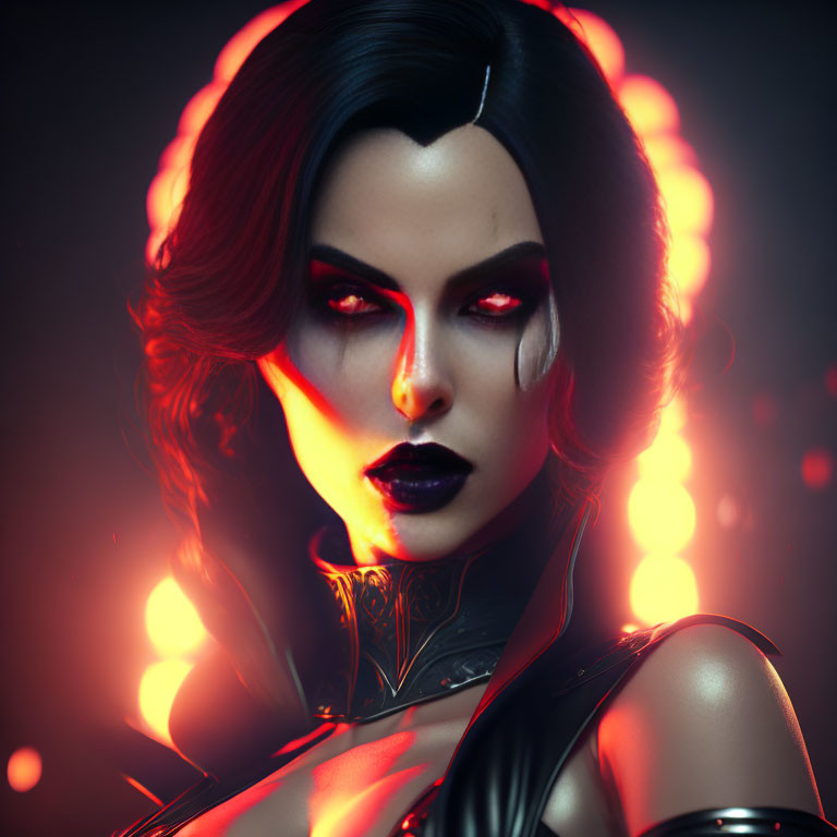 Stylized female character with glowing red eyes and futuristic black outfit