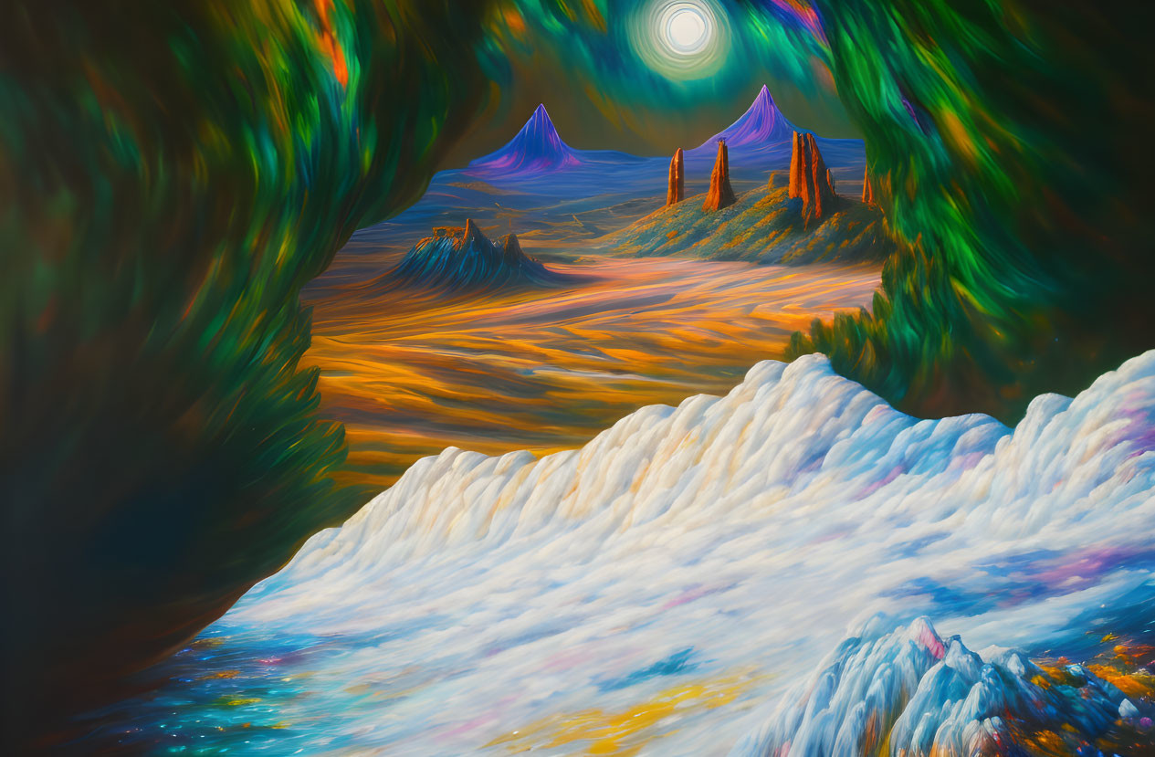 Vibrant surreal landscape with alien mountains and dual-moon sky