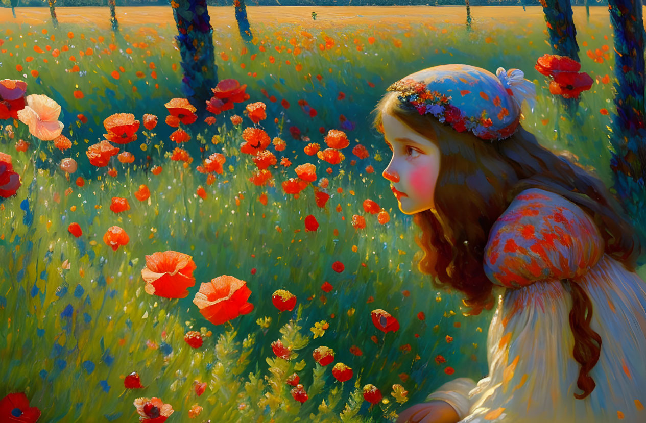 Girl with Floral Headband in Field of Red Poppies under Warm Sunlight