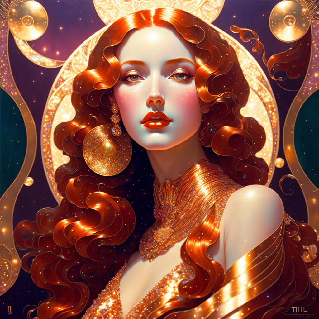 Illustrated portrait of woman with red hair and golden ornaments on cosmic blue background.