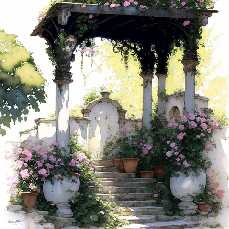 Romantic garden archway with blooming pink roses and ornate gazebo.