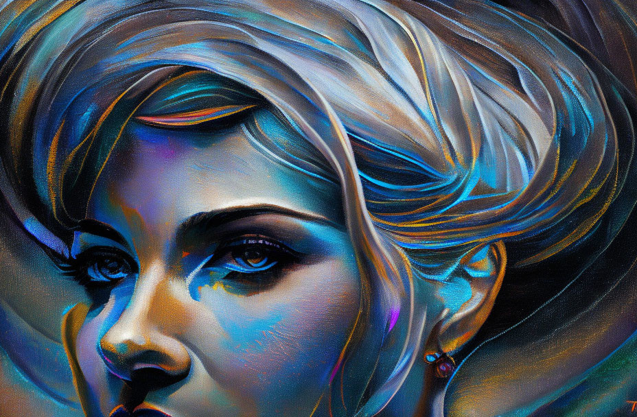 Vibrant close-up painting of woman with blue eyes and colorful hair