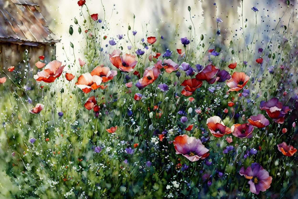 Lush Poppy Field Watercolor Painting with Red and Purple Flowers