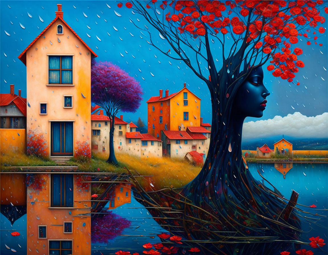 Colorful Surreal Artwork: Lakeside Village with Contemplative Woman Profile