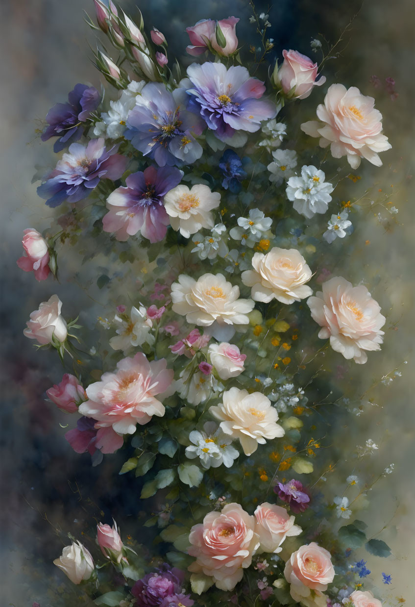 Pastel-Colored Flower Arrangement with Roses on Ethereal Background