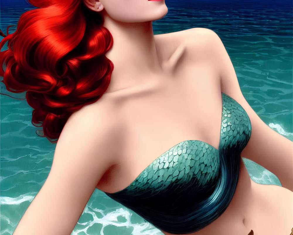 Vibrant red-haired mermaid with green scales in ocean waves