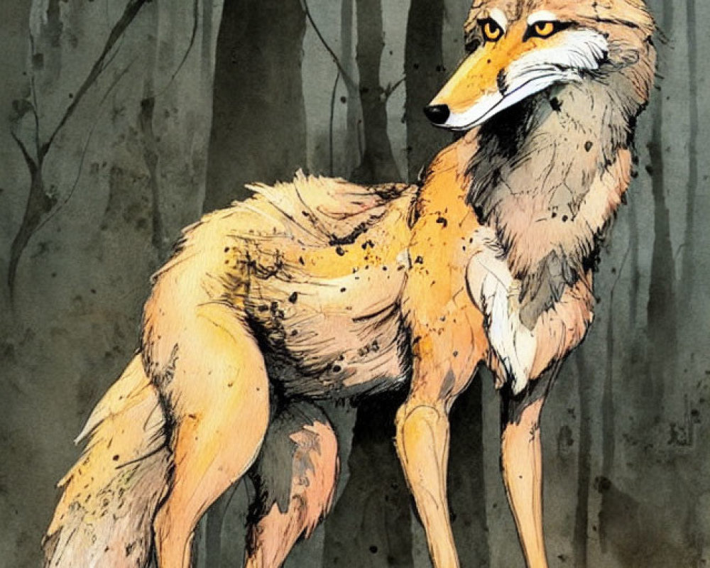 Illustrated fox in amber and gray tones in forest setting