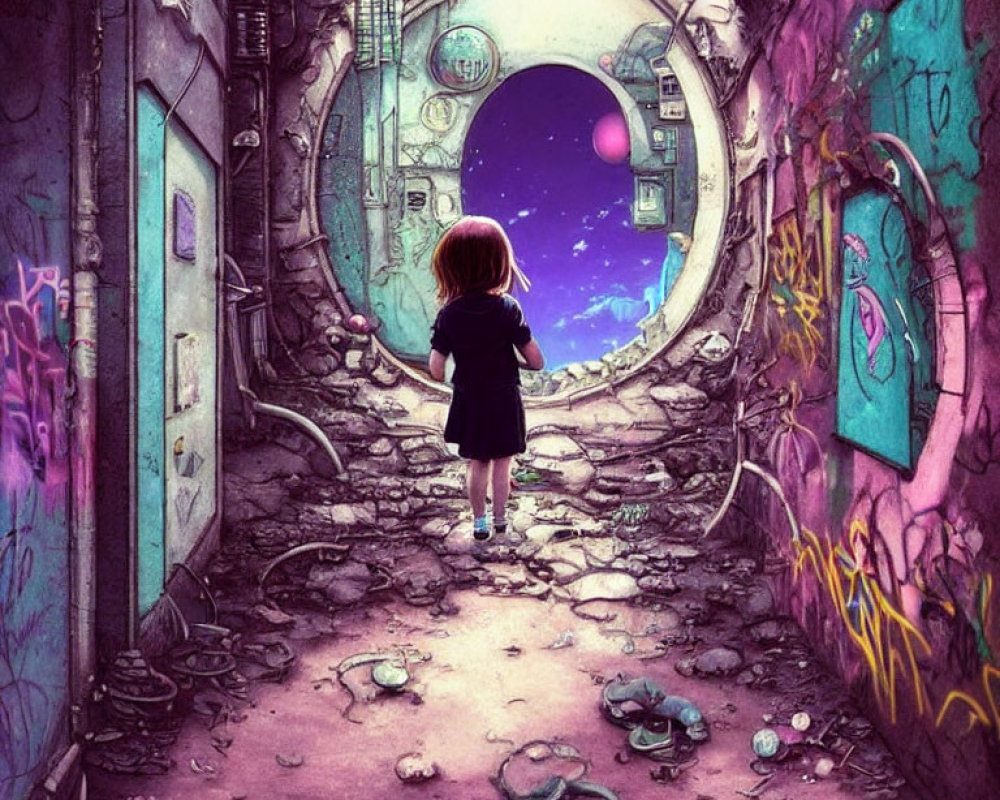 Young girl in black dress at graffiti alleyway with glowing portal to starry sky and distant planet