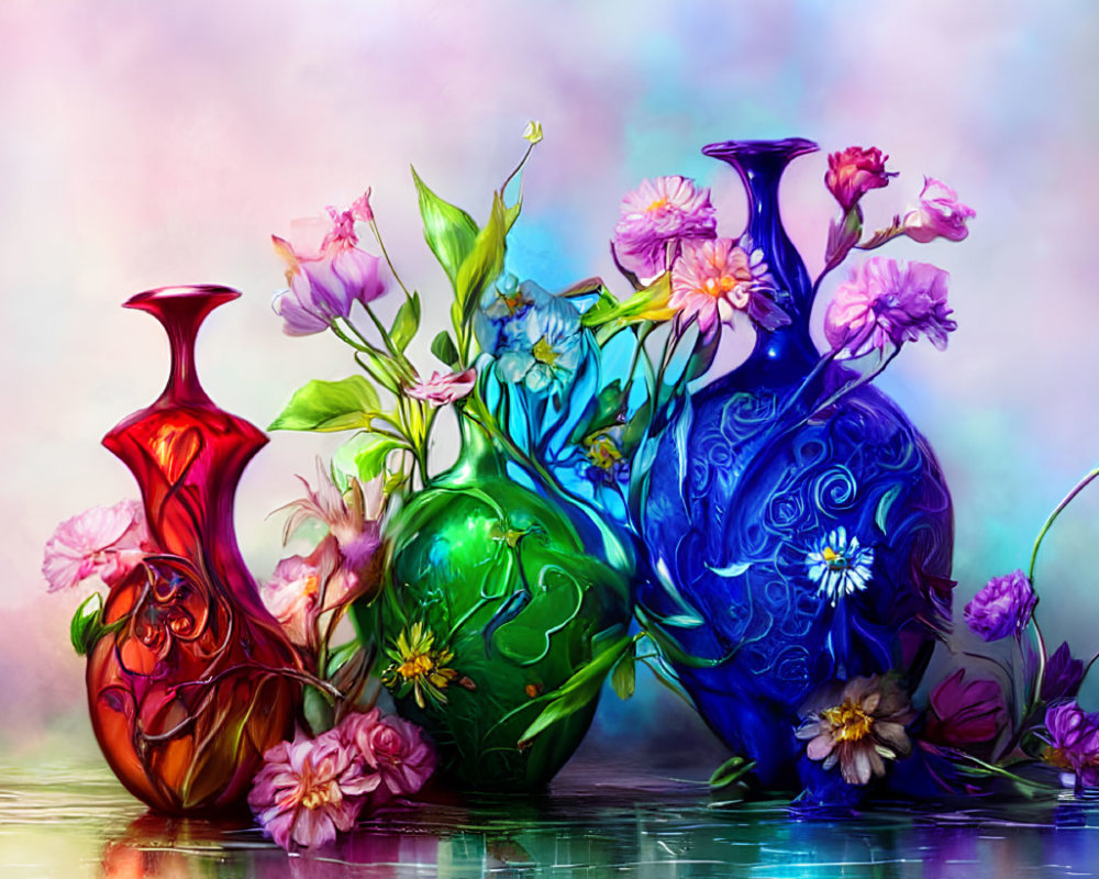 Colorful ornate vases with assorted flowers on pastel background