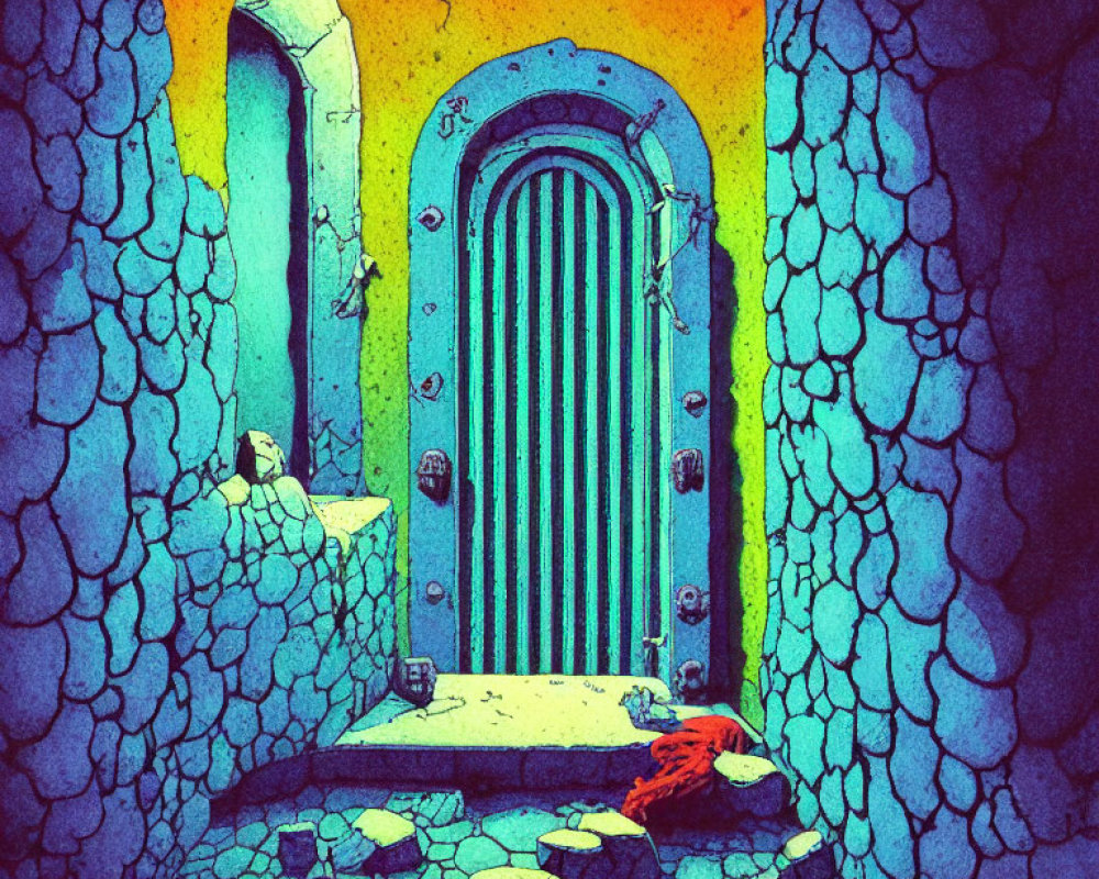 Colorful illustration: Stone dungeon room with blue arched door, yellow-orange light, and red cloth