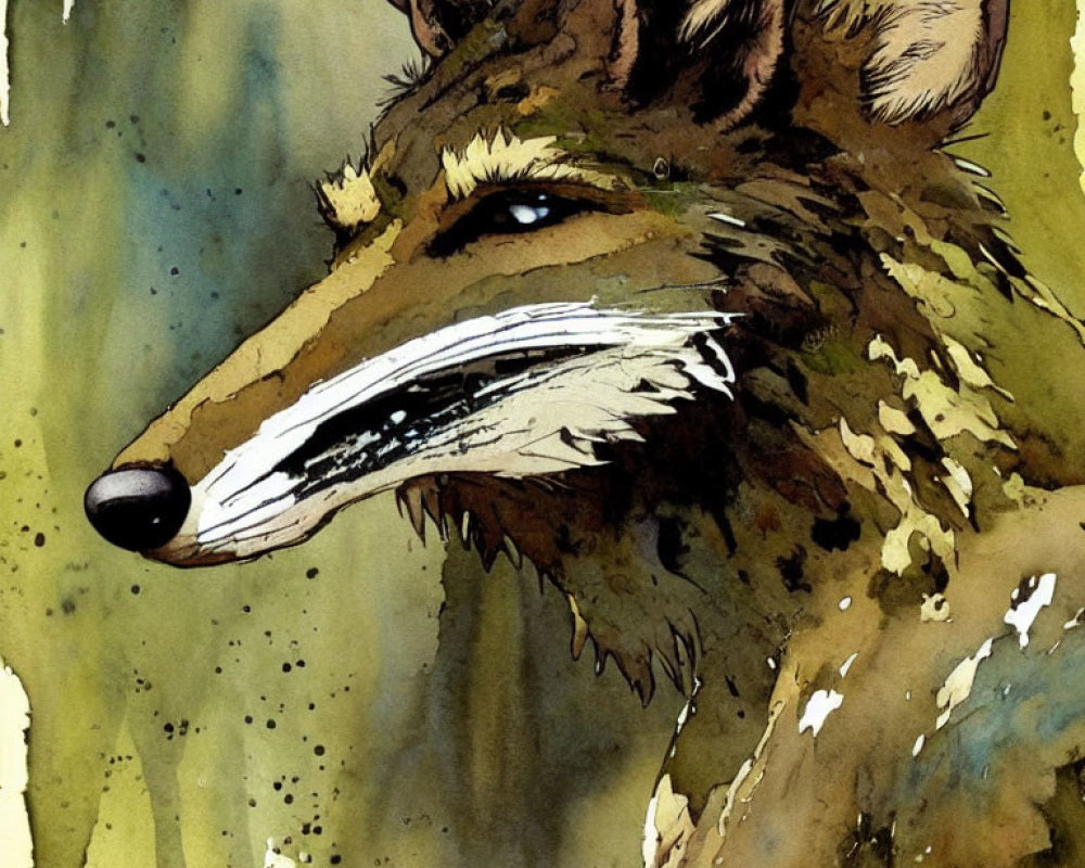 Detailed watercolor fox head illustration in earthy tones with expressive eyes and abstract background.