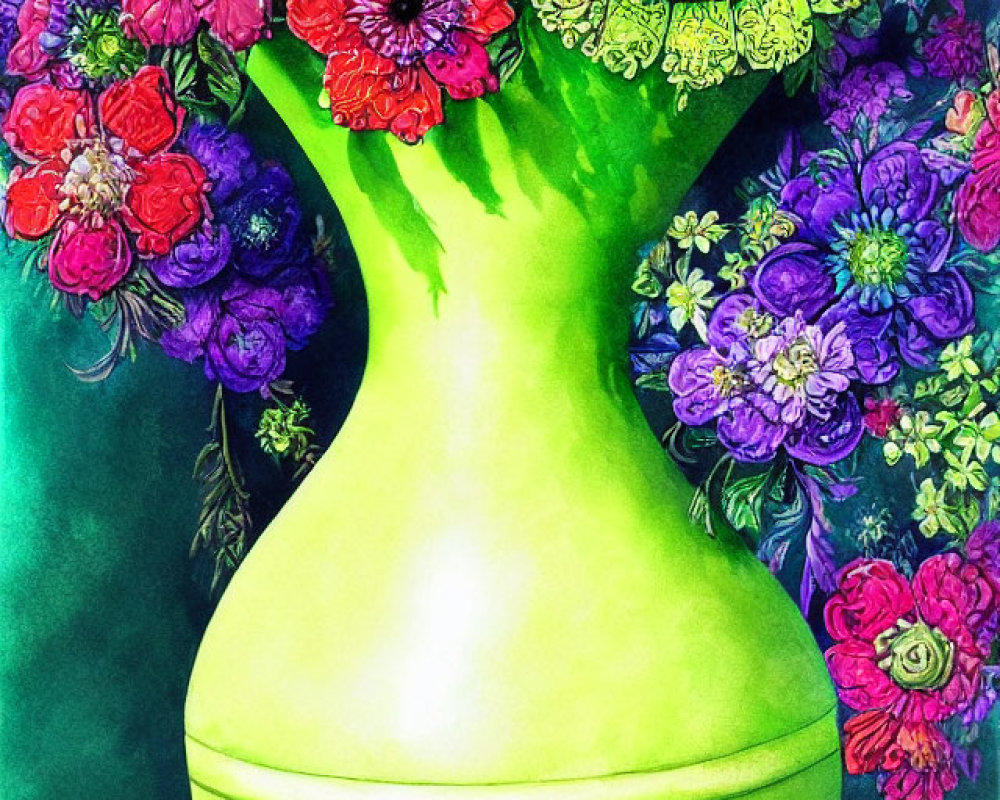 Colorful Flowers in Green Vase Watercolor Painting