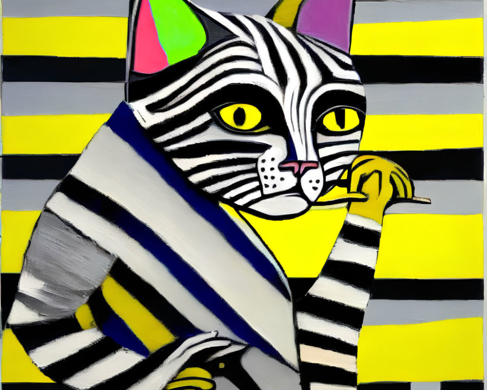 Striped Cat Painting with Pink Ears and Green Accents