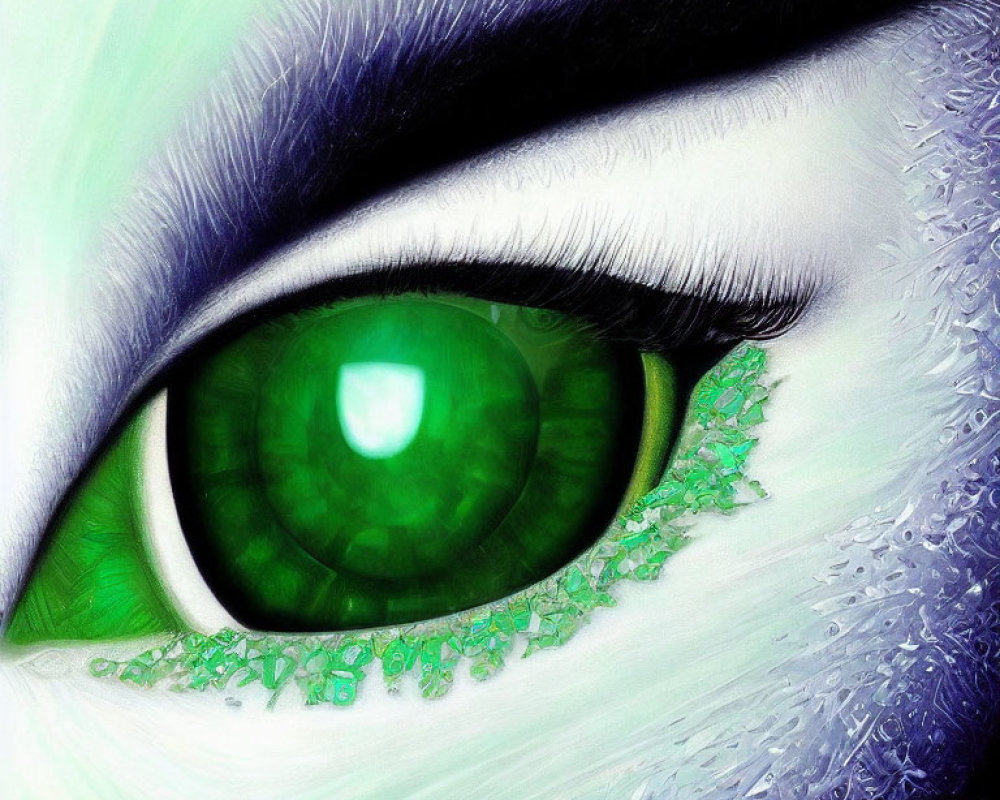 Detailed close-up of striking green eye with long eyelashes and shimmering crystal-like textures