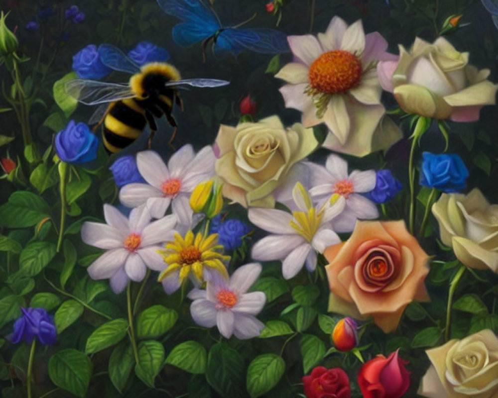 Colorful Flowers Painting with Bumblebee and Butterflies