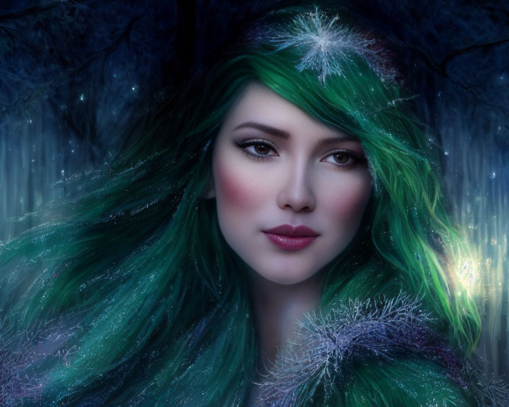 Digital artwork: Woman with green hair in enchanted winter forest