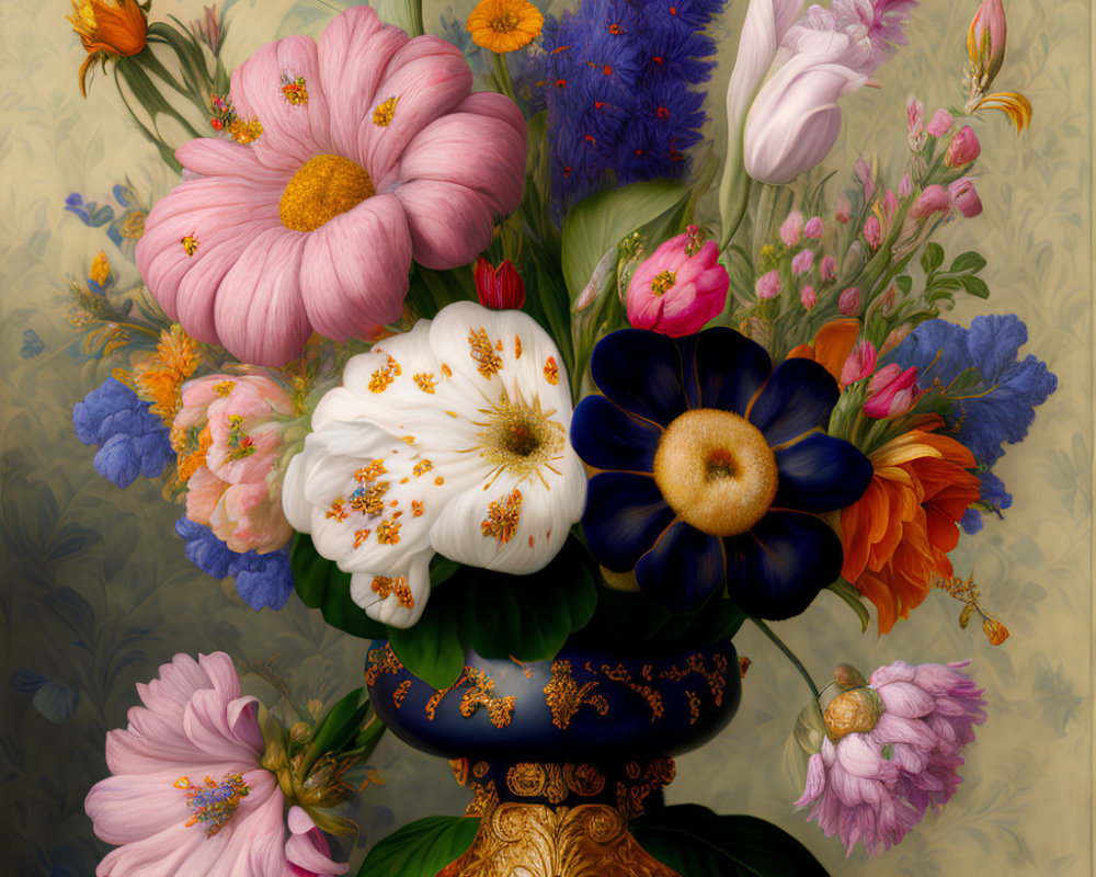 Colorful bouquet in decorative vase on patterned background