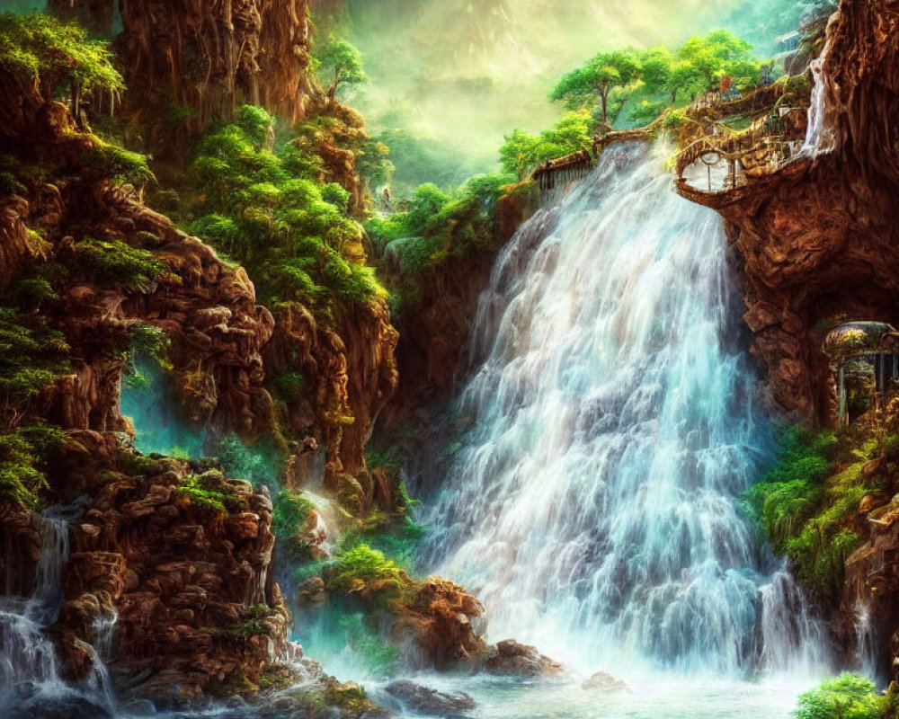 Mystical Waterfall in Lush Setting with Sunlight