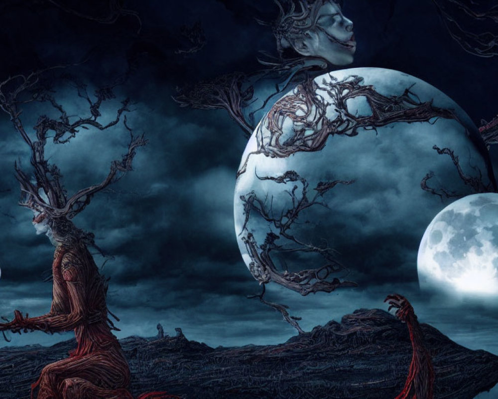 Fantastical tree-like humanoid with glowing orb in barren landscape