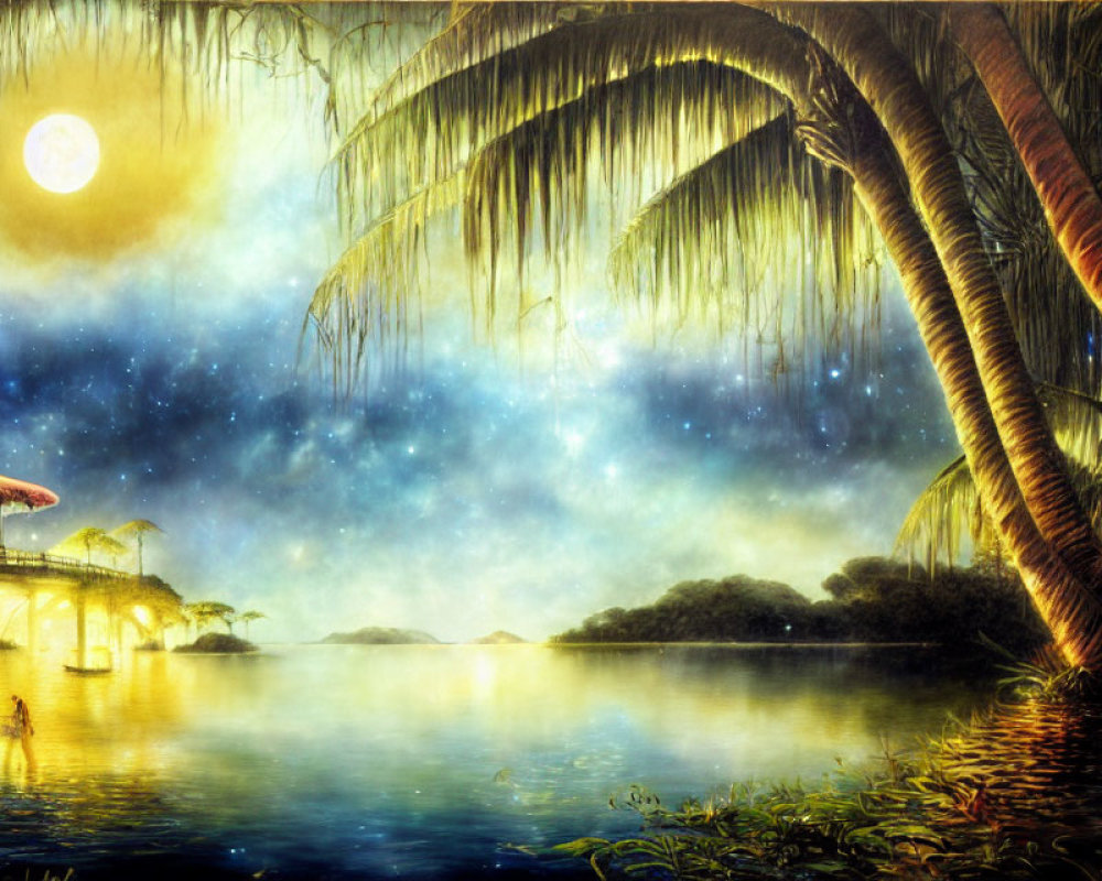 Surreal tropical night landscape with glowing moon and serene lake