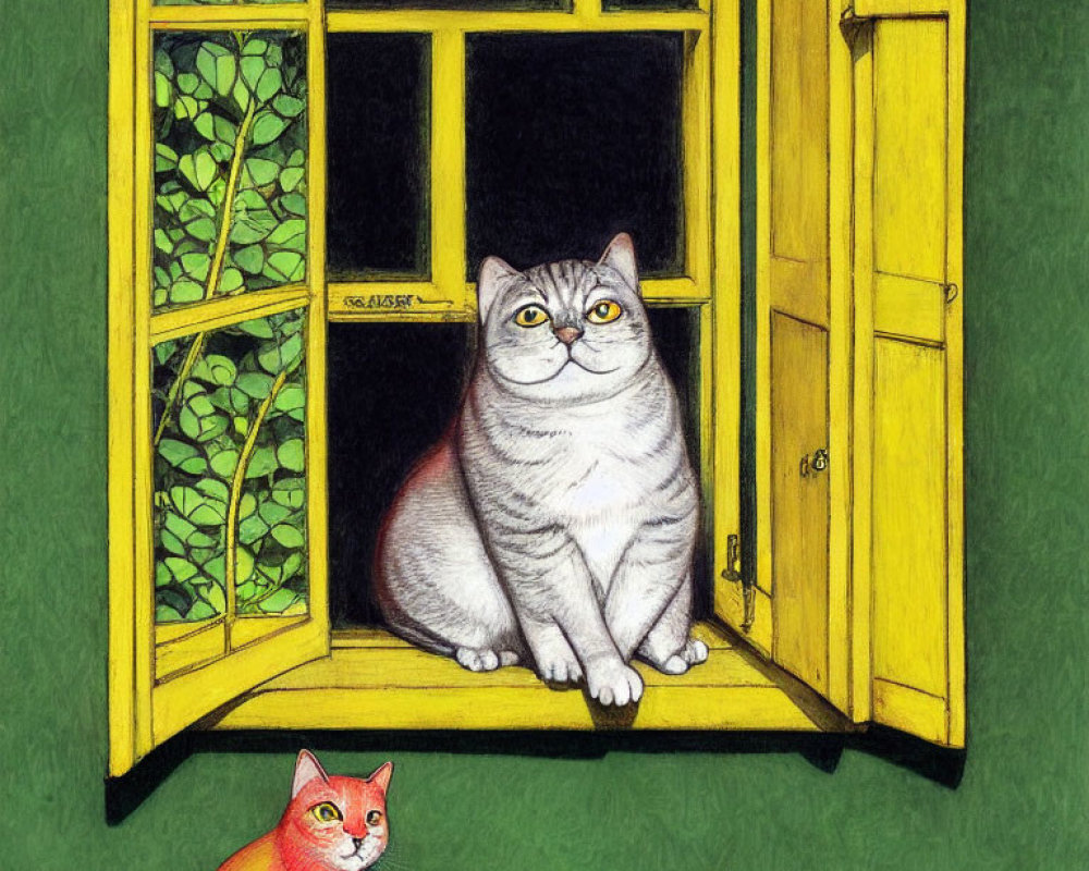 Plump grey and white cat by yellow window with green walls and red cat figurine