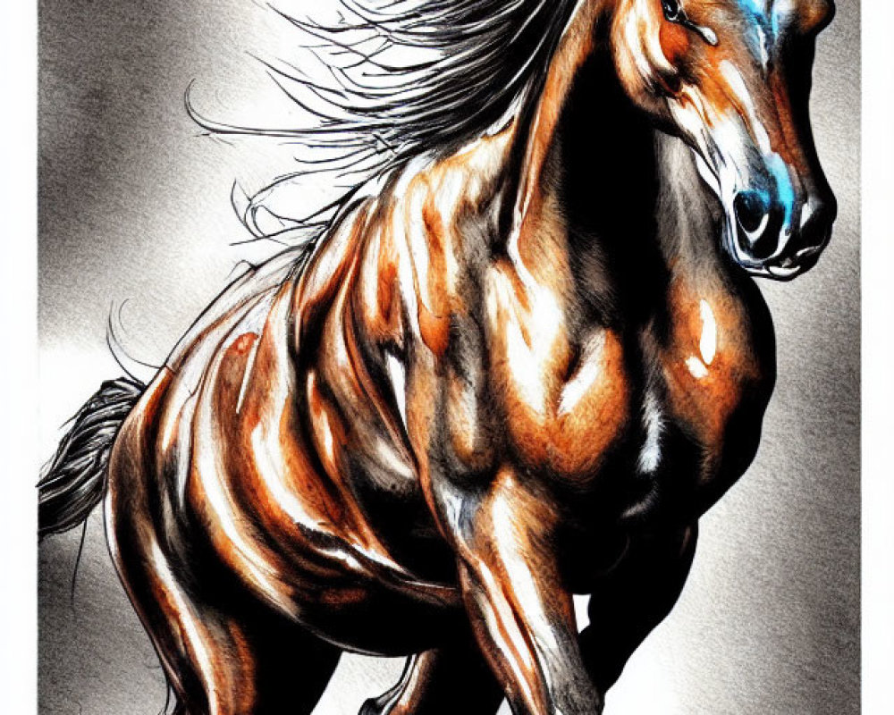 Majestic horse illustration: dynamic motion, muscular details, chestnut coat