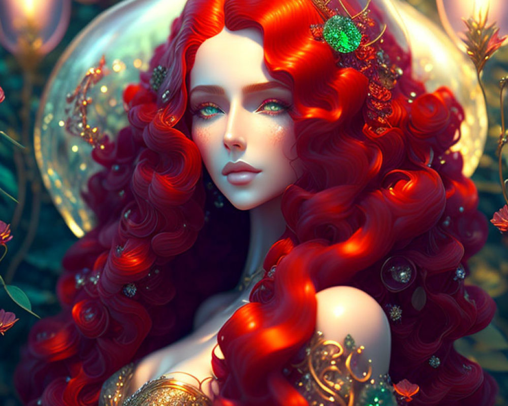 Digital artwork: Woman with red hair, blue eyes, gold garment & glowing orbs