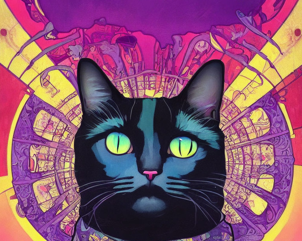 Colorful Black Cat Illustration with Blue and Yellow Eyes on Psychedelic Background