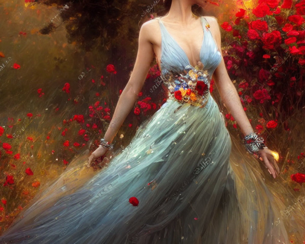 Woman in Blue Dress Walking Through Dreamlike Garden of Red Roses