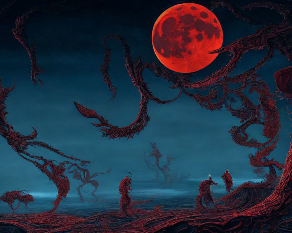 Fantastical crimson moon illuminates dark landscape with red trees and silhouetted figures