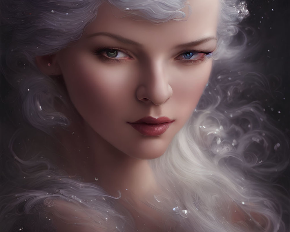 Digital portrait of woman with pale skin, blue eyes, white hair, jewels, celestial background